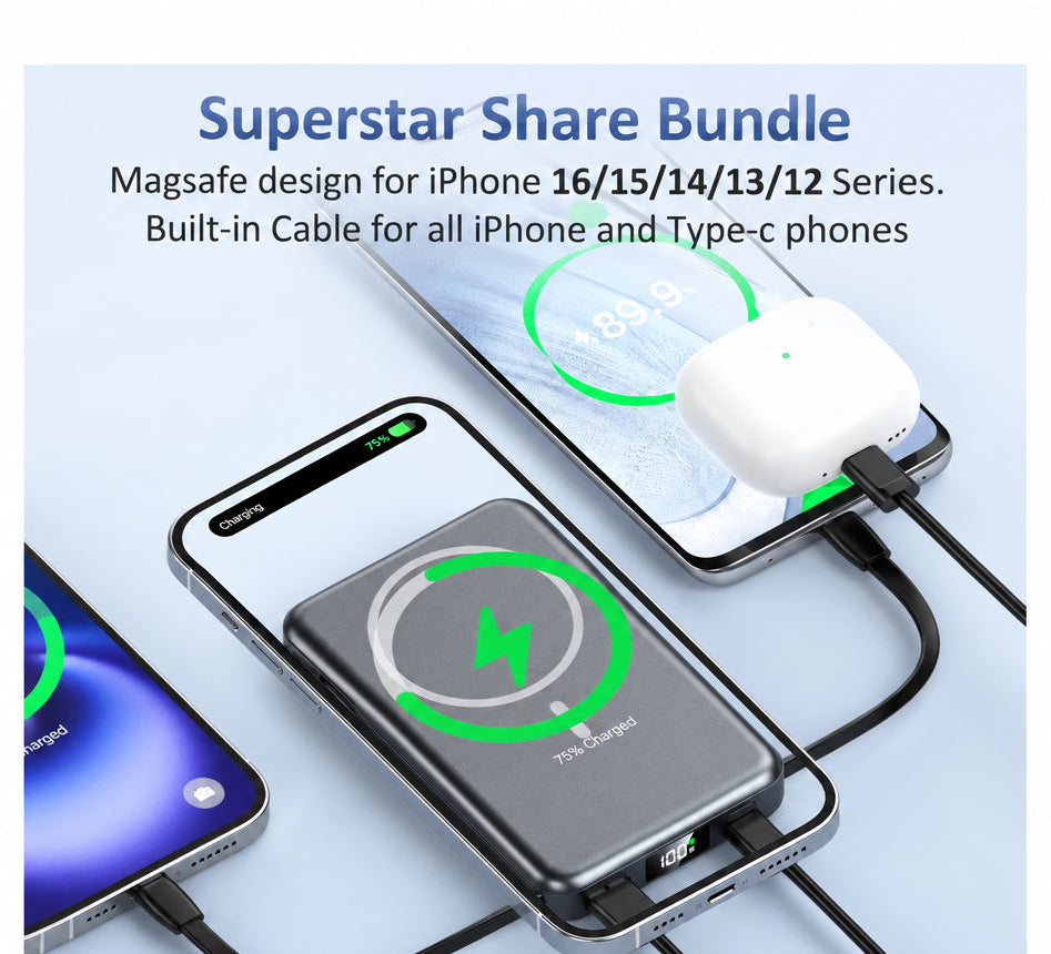 Magnetic Portable Charger, 10000Mah Power Bank, 5 in 1 Portable Charger with Built in Cable, 20W Fast Charging for Battery Pack Compatible with Iphone 17/16/15/14/13 , Samsung Series